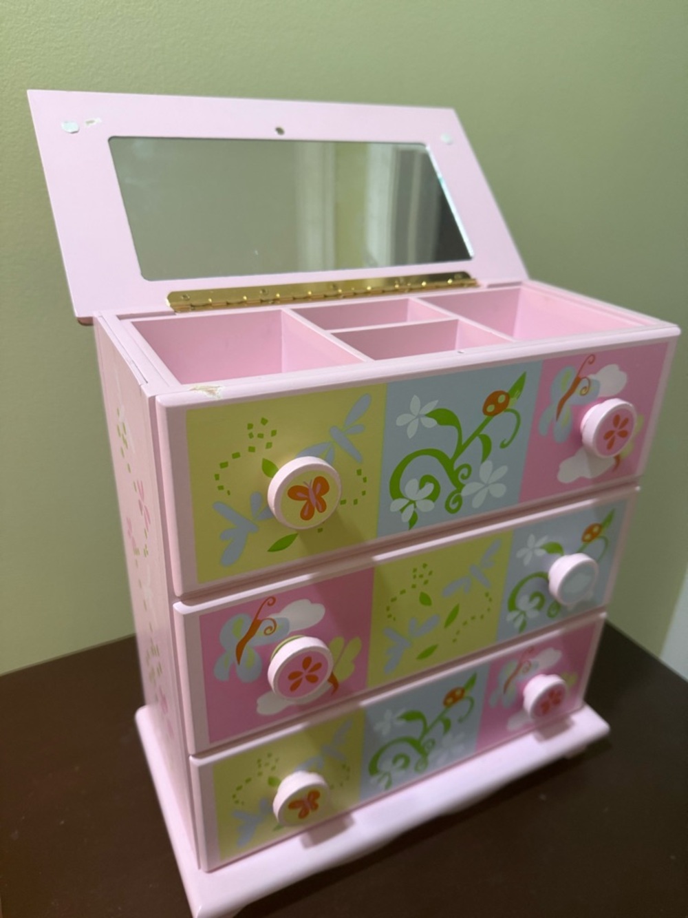 Extra Large Pink Floral Wooden Jewelry Organizer with Mirror